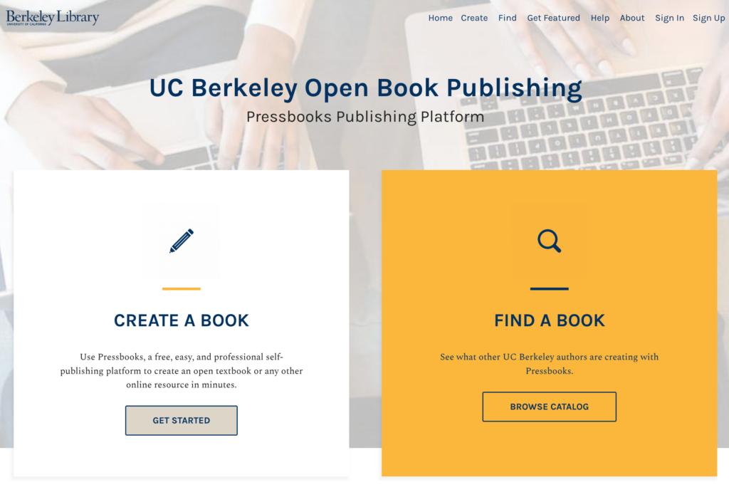 UC Berkeley Open Book Publishing website with buttons to create a book or find a book